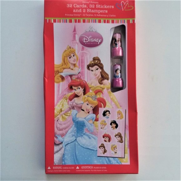 VTG Disney Princess 32 Valentines Day Cards 32 Stickers 2 Ink Stampers 2009 NEW - Picture 1 of 8